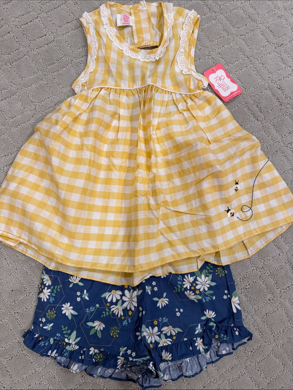 Yellow Gingham Top & Navy Floral Shorts Kids Matching Set